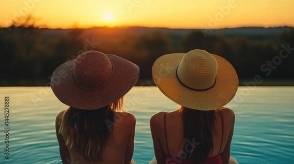 Fototapeta Two friends relax by the pool at sunset, enjoying the beautiful view. Their hats shade them from the warm sun. A perfect moment shared.