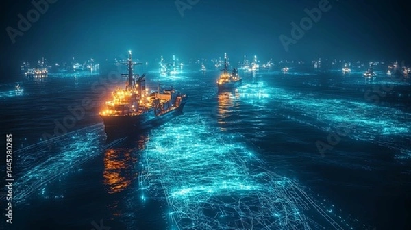 Obraz Digital network overlay on a maritime fleet at night.