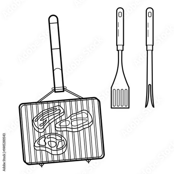 Obraz Meat steak on a grill rack, spatula and fork barbecue. Outline vector illustration, isolated on white background.