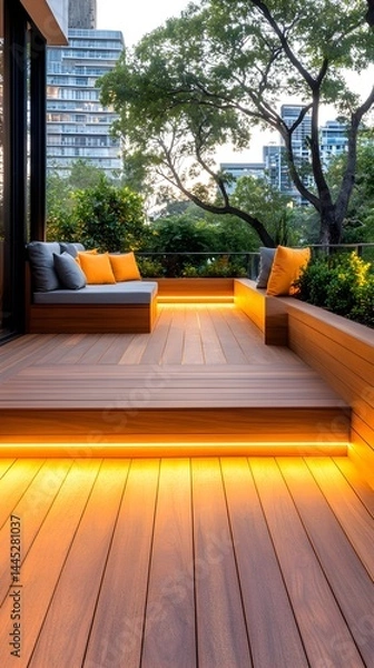 Fototapeta Modern outdoor deck with built-in seating, warm lighting, and city backdrop