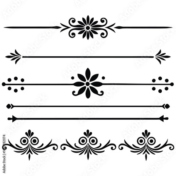 Fototapeta Decorative Line Dividers Set – Black Vector Horizontal Page Breaks with Symmetrical Designs
