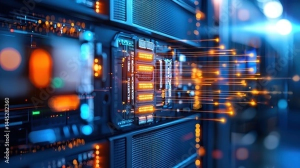 Obraz Close-up of a high-tech server with glowing data pathways and vibrant blue lighting.
