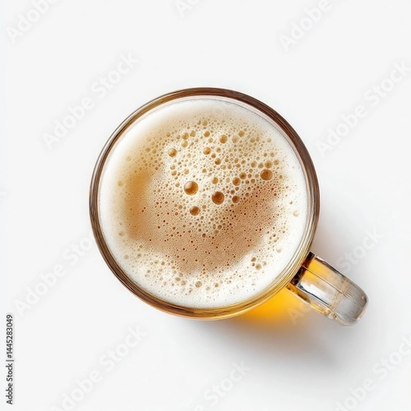 Fototapeta Top view macro photo of frothy beer mug with rich texture and golden bubbles on white background for beverage branding, Selective Focus..