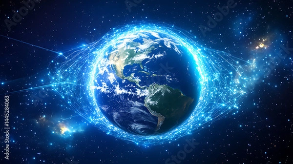 Fototapeta planet earth in space , binary code technology , glowing sphere on black background	