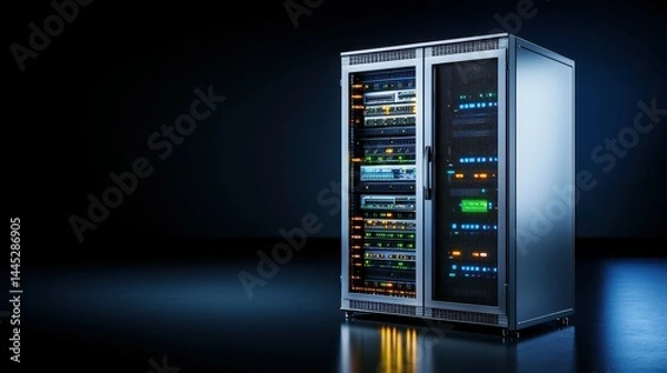 Obraz Modern data center equipment with illuminated servers and networking devices in a dark setting.