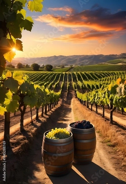Fototapeta Sunset Over Vineyard with Wine Barrels