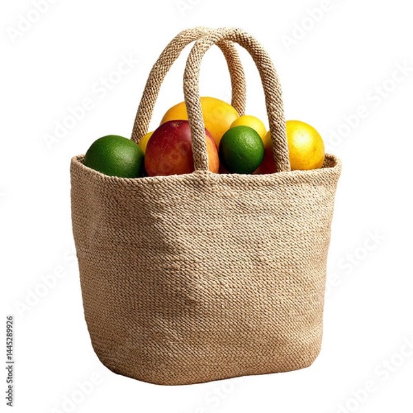 Fototapeta Handwoven beach tote tropical fruits, rustic tropical handwoven beach tote summer style, tropical fruits beach tote for healthy summer visuals