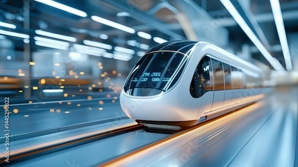 Obraz Futuristic train in motion with glowing lights and sleek design.
