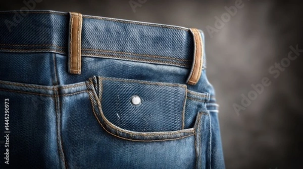 Fototapeta  denim jeans back pocket with visible stitching and worn textures, slight vintage feel, soft natural light