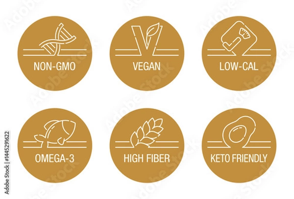 Fototapeta Main features icons for food dietary supplement labeling, in thin line and circle shape