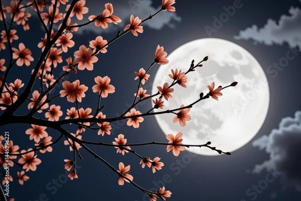 Fototapeta Serene Night Bloom Peach Blossom Branch Silhouetted Against a Full Moon