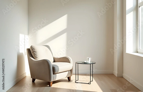 Fototapeta A small, modern space with a textured armchair, glass table, and soft lighting creates a peaceful atmosphere amidst brightness._00001_