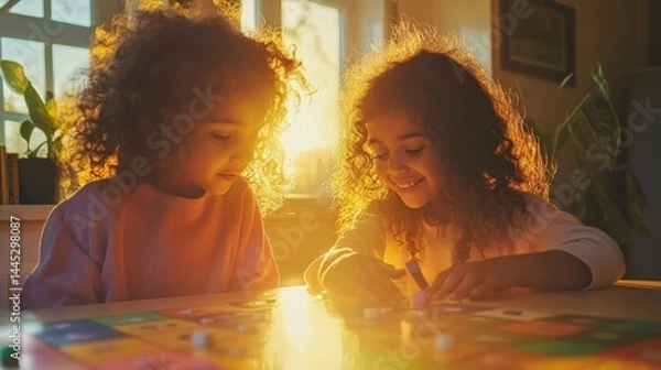 Fototapeta Two happy girls enjoy their time playing a board game in warm sunlight at home.