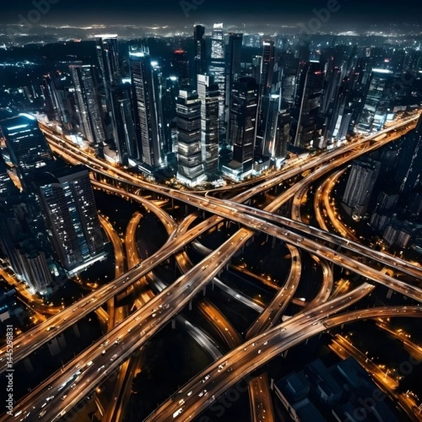 Fototapeta Night Cityscape Highway Interchange and Skyline