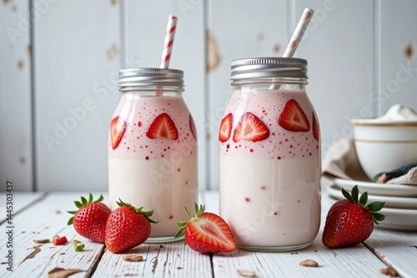 Fototapeta Delicious Strawberry Smoothies in Mason Jars Fresh Summer Drink Healthy Recipe