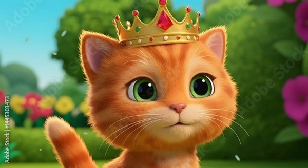 Fototapeta Kitten wearing a crown, animated style