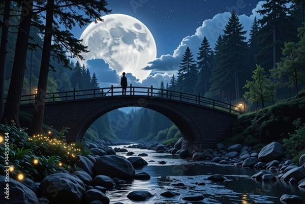 Fototapeta Serene Night Scene Person on Stone Bridge Full Moon Forest River