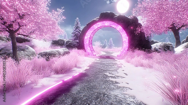 Obraz Pink portal in magical winter forest