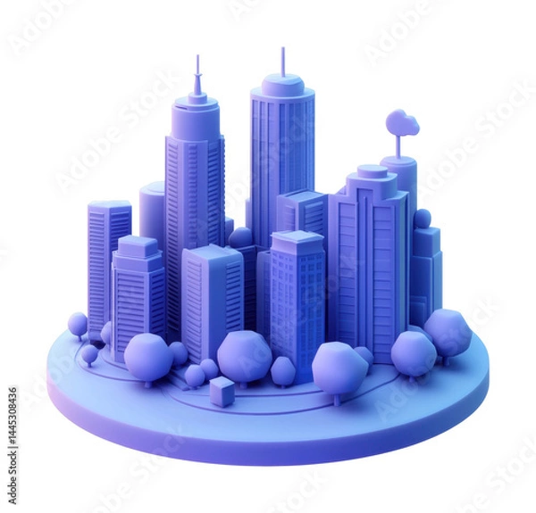Fototapeta Vibrant abstract blue cityscape model with high-rise buildings and trees