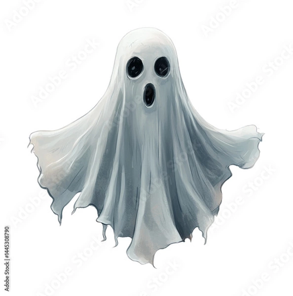 Fototapeta Cartoon ghost with sheet and large eyes on black background