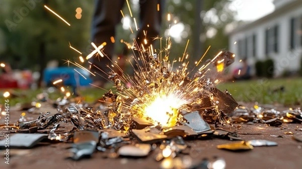 Obraz Close-up of a burning firework, sparks flying, with blurred background of people and grass.