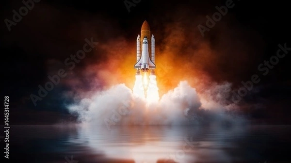 Fototapeta Blast off: A powerful rocket ship ignites, launching from a reflective surface into a fiery, smoke-filled atmosphere. The scene exudes energy, ambition, and exploration.