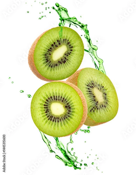 Fototapeta Fresh Kiwi Slices with Juice Splash on Transparent Background