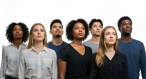 Fototapeta Diverse Group, Hopeful Gaze, Looking Upward, White Background, Aspirations.