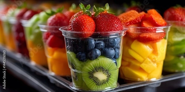 Obraz Pre-packaged fruit salads in clear cups featuring kiwi, strawberries, blueberries, and mango displayed in a case, highlighting vibrant colors and healthy snacks.  