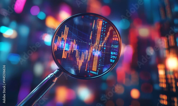 Obraz Magnifying glass over stock market chart, highlighting data analysis, financial insights, and focus in market trends.	
