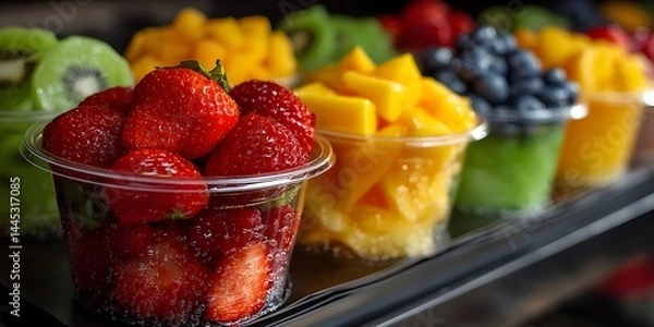Obraz Pre-packaged fruit salads in clear cups featuring kiwi, strawberries, blueberries, and mango displayed in a case, highlighting vibrant colors and healthy snacks.  