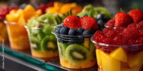 Obraz Pre-packaged fruit salads in clear cups featuring kiwi, strawberries, blueberries, and mango displayed in a case, highlighting vibrant colors and healthy snacks.  
