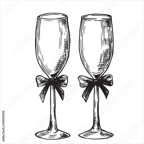 Obraz Pair of wedding glasses with bows. Vector illustration in doodle style