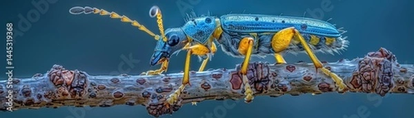 Fototapeta Colorful insect perched on a twig with a blurred background.