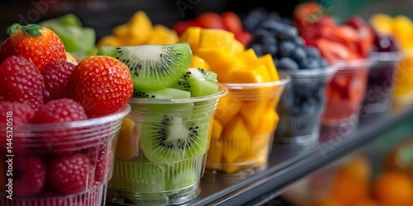 Obraz Pre-packaged fruit salads in clear cups featuring kiwi, strawberries, blueberries, and mango displayed in a case, highlighting vibrant colors and healthy snacks.  