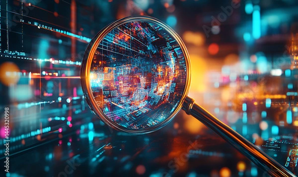 Obraz Magnifying glass over stock market chart, highlighting data analysis, financial insights, and focus in market trends.	