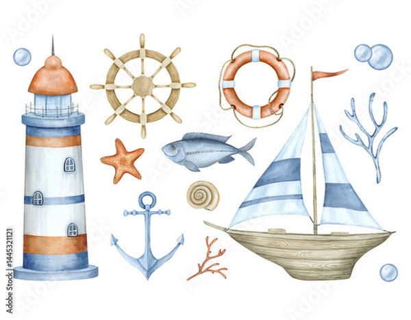 Fototapeta Clipart with lighthouse and sailing ship for nautical style design. Watercolor illustration in blue, red and beige colors. Baby nautical set of elements.