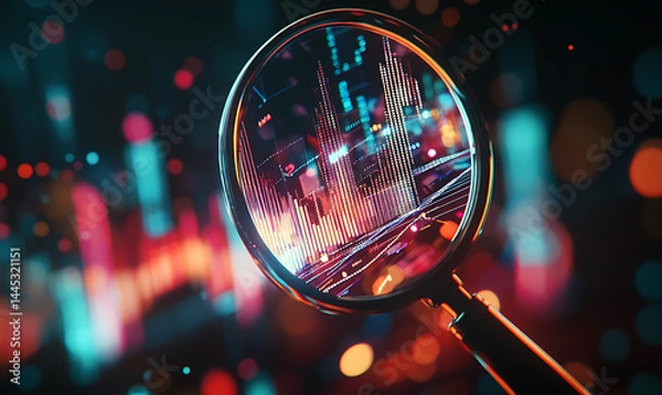 Obraz Magnifying glass over stock market chart, highlighting data analysis, financial insights, and focus in market trends.	