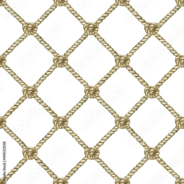 Fototapeta Seamless nautical style rope pattern with knots. Fishing nautical net. Watercolor illustration for fabric, cover, wrapping.