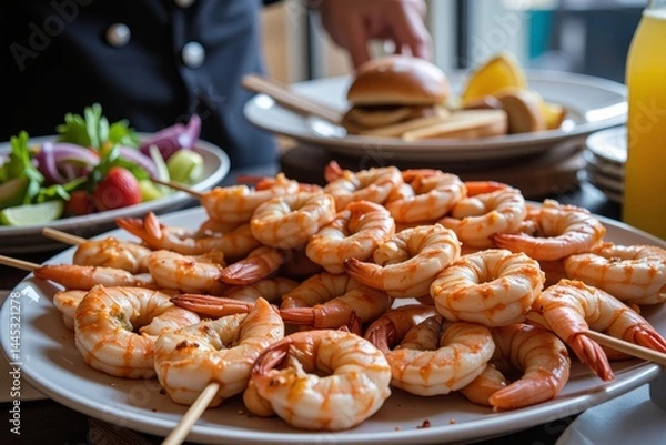 Fototapeta Grilled Shrimp Skewers Appetizer Buffet Food Catering Party