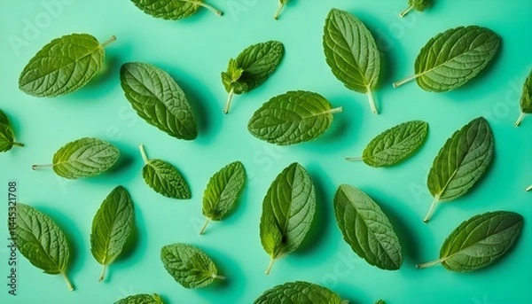 Fototapeta Mint Leaves Pattern on Teal Background