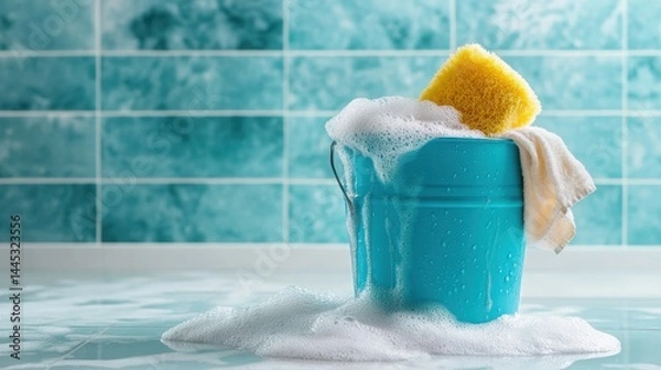 Fototapeta Bucket with soapy water and sponge placed on floor beside tiled wall