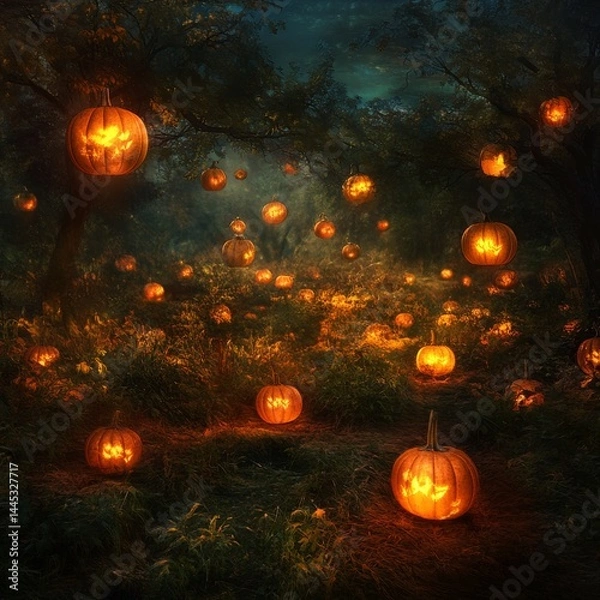 Fototapeta September Pumpkin Glow Glowing lanterns in a pumpkin patch twilight ambiance mystical autumn energy Image