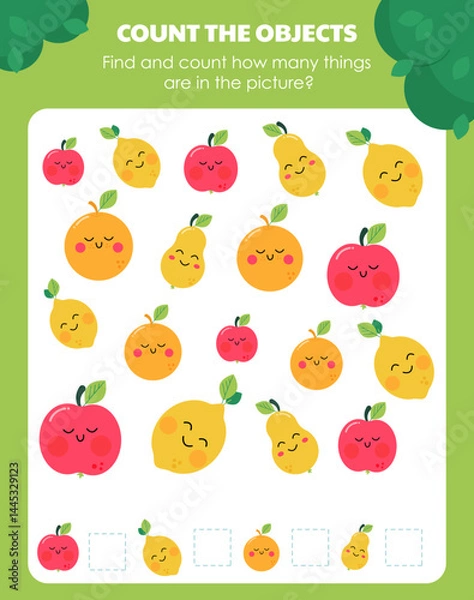 Fototapeta Math and counting activities for children with funny fruits. Worksheets for kindergarten