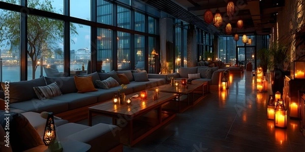 Obraz Sophisticated modern lounge at night with plush seating, warm pendant lighting, candles, and floor-to-ceiling windows revealing a blurred city skyline.  