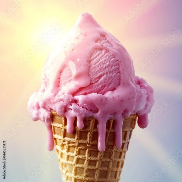 Fototapeta Summer Theme Macro ice cream cone dripping under sun rays pastel pinkblue contrast appetizing textures Image