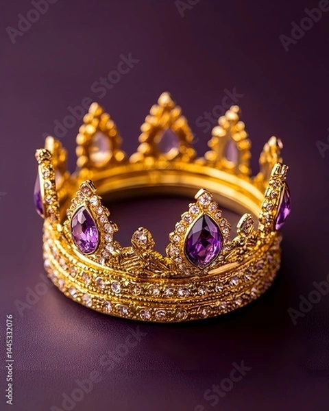 Fototapeta Gold crown adorned with purple and clear gemstones, resting on a deep purple background