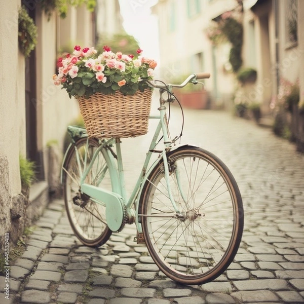 Fototapeta Vintage bicycle with flower basket against cobblestone European summer soft pastel tones Image