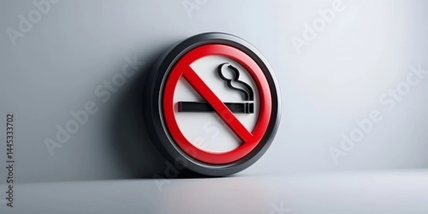 Fototapeta 3D-style no smoking sign with a red prohibition symbol over a black cigarette, centered on a plain white background under studio lighting.  