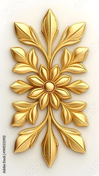 Fototapeta Ornate gold floral motif, symmetrical design with leaves and flower, 3D rendering on white